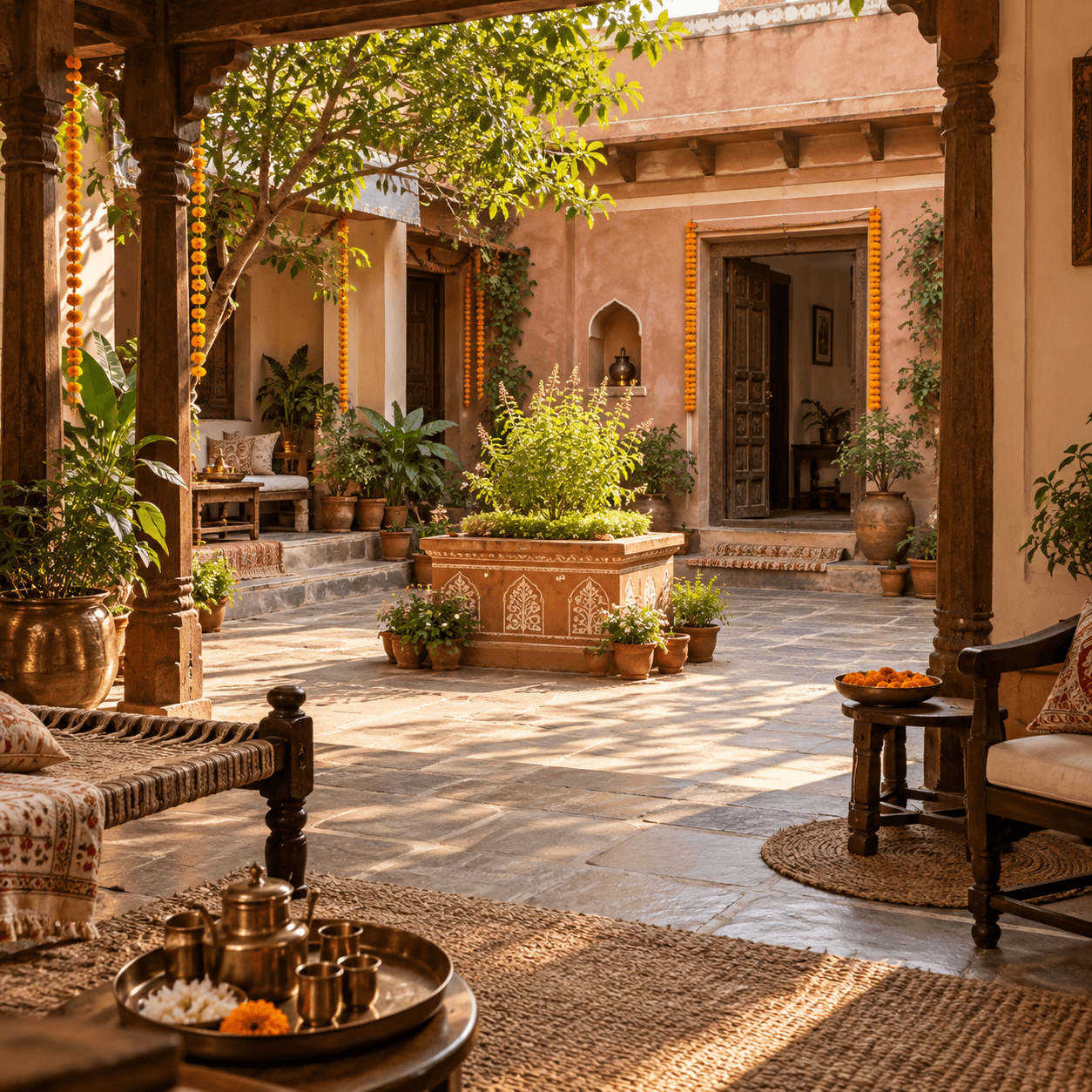 A welcoming Indian home courtyard with a tulsi planter, veranda seating, and marigold decorations