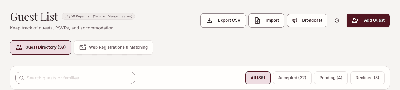 Guest list demo showing CSV import and export controls and RSVP status filters